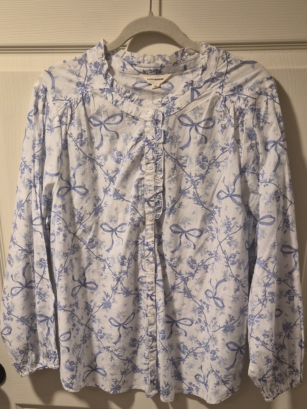 Lucky Brand White Blouse with Blue Floral & Bow Print